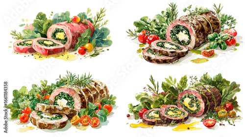 Watercolor illustration of gourmet stuffed meat roll with herbs, spinach, and vegetables. Perfect for restaurant menu, culinary branding, or homemade food and cooking artwork.