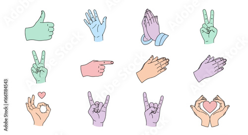 Gestures and hand signs representing approval, peace, love, and communication in bright colors