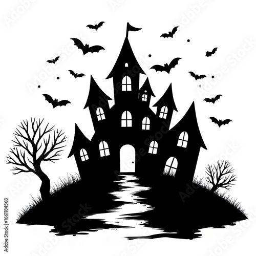 Spooky Castle Silhouette: A chilling silhouette of a haunted castle silhouetted against the evening sky, with bats and barren trees, conjuring the atmosphere of All Hallows' Eve. 