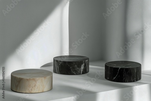 Elegant Black Marble Display Stands in Minimalistic Interior Lighting.