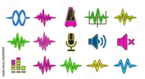 Vibrant music and audio elements with colorful waveforms, microphone, and speaker icons for creative projects
