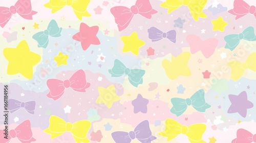 Colorful abstract design with playful bows and stars in soft pastel shades of pink, yellow, blue,