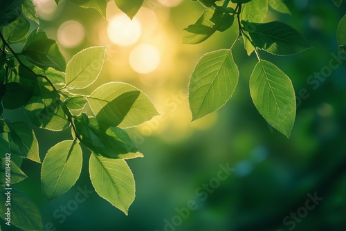 Natural Green Leaves Illuminated by Sunlight During Golden Hour in a Serene F...
