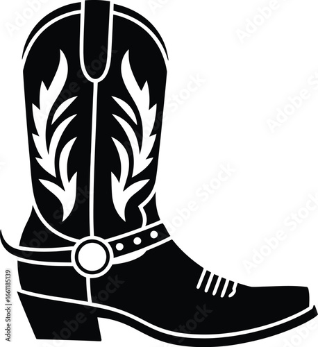 Black cowboy boot with ornate stitching and spur western