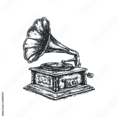 Vintage Gramophone with Spinning Record and Horn