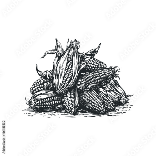 Heap of ripe corn ears with husks and kernels displayed