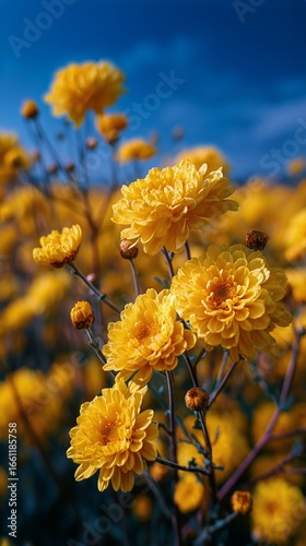 Bright Yellow Flowers Bloom in a Field Under Clear Blue Skies.