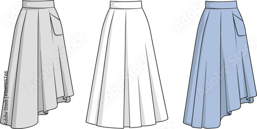 Asymmetrical midi skirt with pocket flat sketch, women's fashion apparel, flowy skirt design, vector illustration, CAD drawing, clothing technical flat.