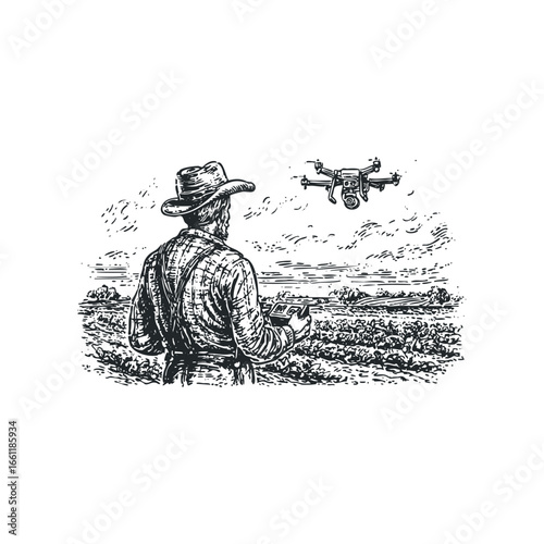 Farmer operating drone over agricultural field with remote control