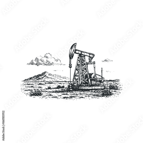 Vintage Oil Pumpjack Operating in Arid Landscape with Mountains Under Cloudy Sky