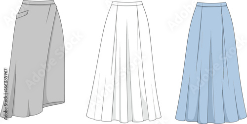 Midi skirt with pocket flat sketch, women's fashion apparel, wrap design, flowy skirt, vector illustration, CAD drawing, technical flat, clothing design.
