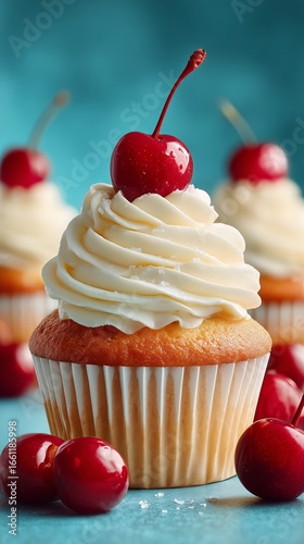 Delicious Cupcake Topped With Cream and Cherries on a Blue Background