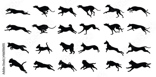 Collection of energetic running dog silhouettes isolated