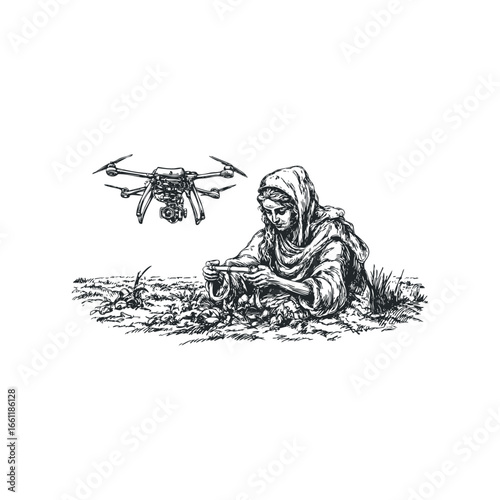 Woman operating drone technology while tending to crops in a field