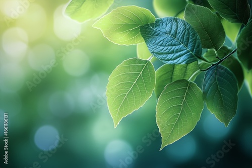 Lush Green Leaves Glisten in the Sunlight During a Serene Morning in a Forest...