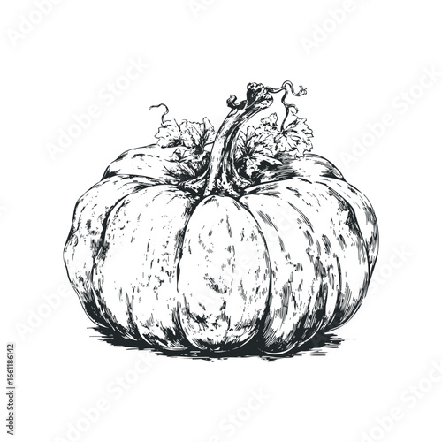 Sketch of a Ripened Pumpkin with Twisting Vine and Leaves