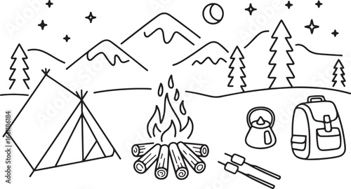Nature Camping Design with Tent, Campfire, and Backpack, Hand-drawn Outdoor Illustration