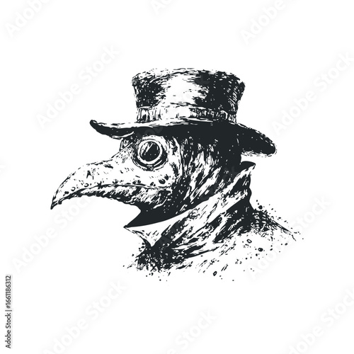 Gothic plague doctor in historical costume with bird mask and hat
