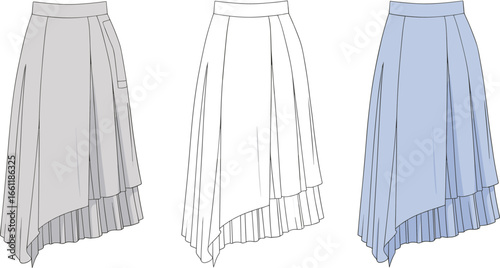 Asymmetrical pleated skirt flat sketch, layered design, pocket detail, women's fashion, vector illustration, CAD drawing, apparel design, technical flat drawing