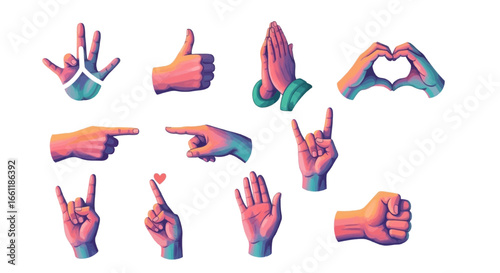Expressive hand gestures conveying love, approval, direction, and positive emotions in vibrant digital art