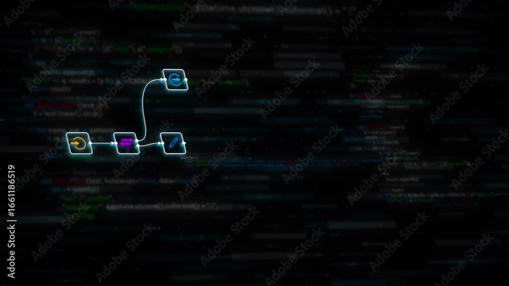 AI agent automation workflow diagram with digital data process flow and futuristic technology code background