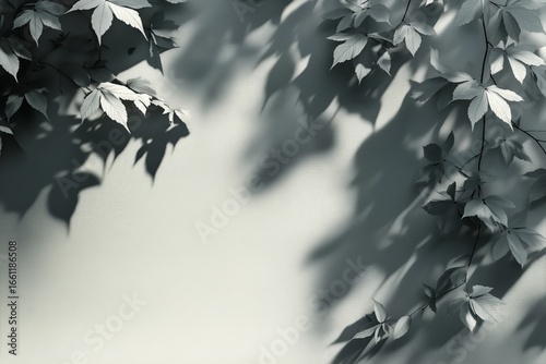 Shadows of Leaves Cast on a Light Surface Creating an Artistic Pattern in a S...