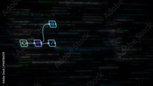 AI agent automation workflow diagram with digital data process flow and futuristic technology code background