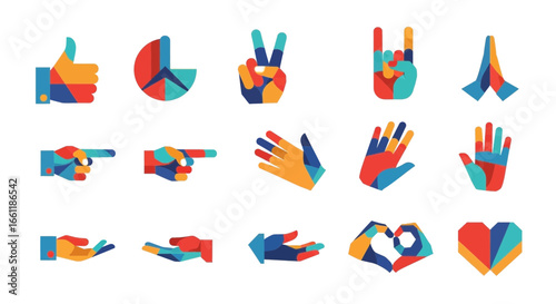 Diverse hand gestures and symbols expressing positivity, peace, love, and direction in vibrant colors