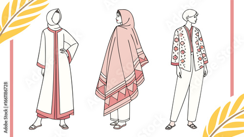 Vector art of three women are depicted in traditional and modern modest fashion, showcasing elegant attire and accessories.
