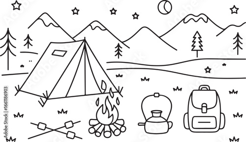 Outdoor Camping Scene with Tent, Campfire, and Backpack, Nature Art for Hiking and Travel Projects
