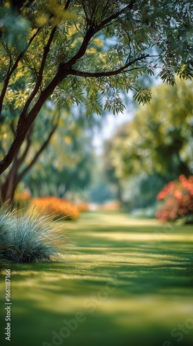 Beautiful Garden Pathway Lined With Trees and Vibrant Flowers During a Sunny Day