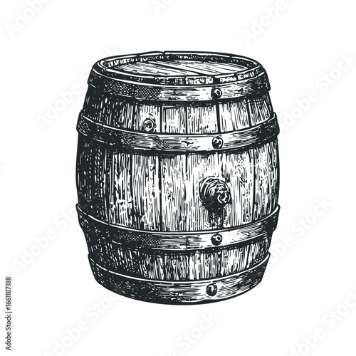 Vintage Wooden Barrel With Metal Bands and Spigot Detail