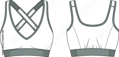 White and gray sports bra with crossed straps, activewear, fitness clothing, workout apparel, breathable fabric, gym outfit, vector illustration, CAD drawing.