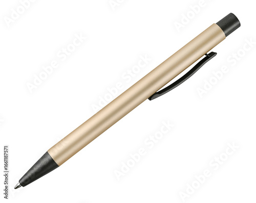 Golden ballpoint pen isolated on a transparent background. Full depth of field. PNG.