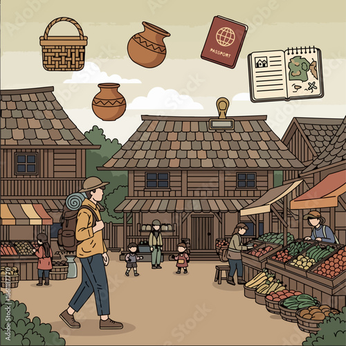 A boy is traveling walks through a traditional village market with wooden houses, stalls selling produce, and people engaged in commerce, depicting cultural tourism and historical settings