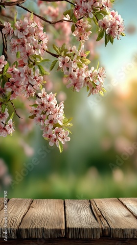 Spring Blossoms Frame a Wooden Table in a Tranquil Garden Setting During Gold...