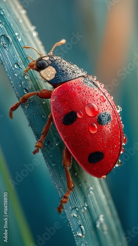Red Ladybug Resting on a Leaf Covered in Droplets After Rain in a Garden.