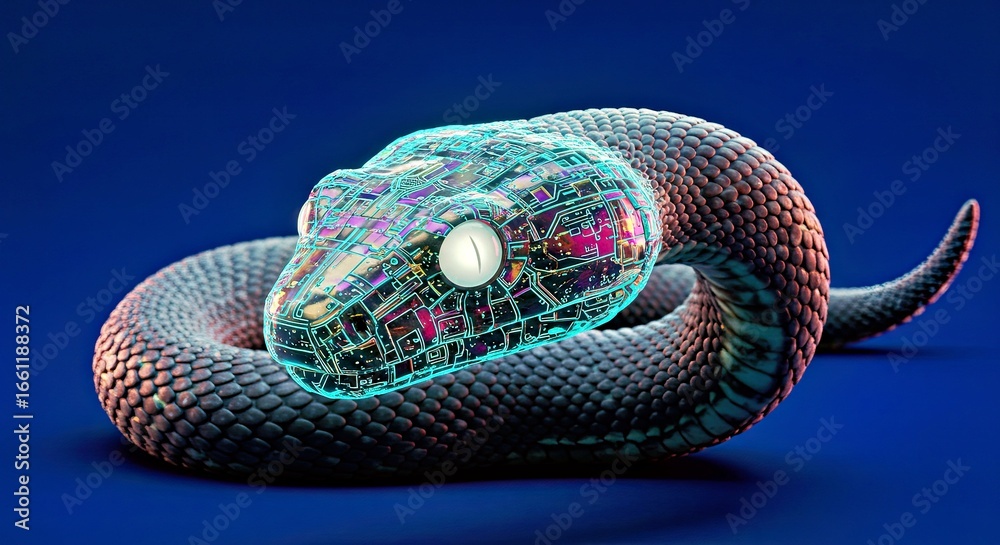 Obraz premium Intelligent AI Serpent with a Glowing Holographic Digital Head