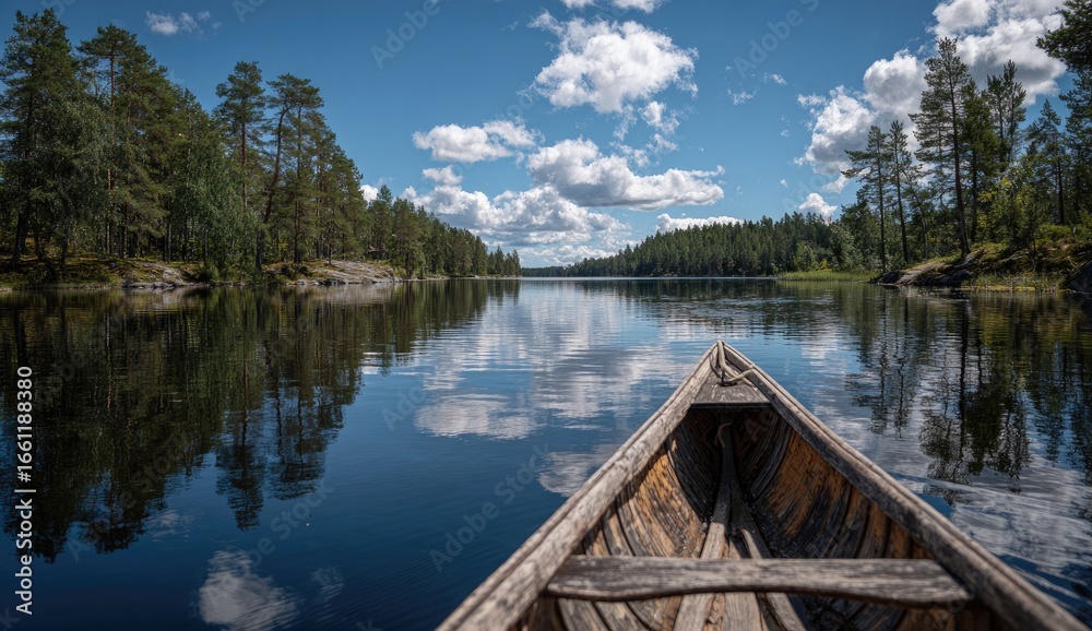 Obraz premium Calm lake, wooden boat, sunny day