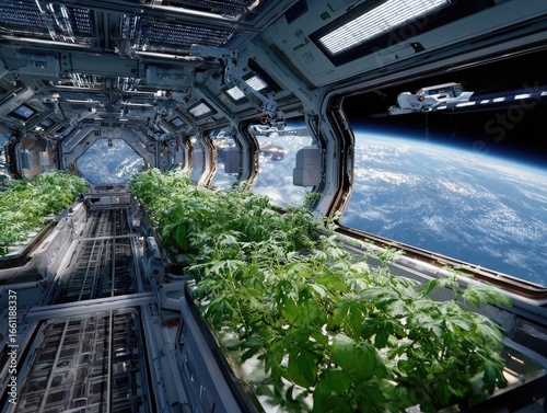 Fototapeta Naklejka Na Ścianę i Meble -  Futuristic space station interior with plants growing, Earth view from window