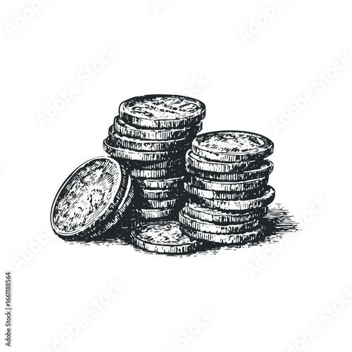 Stacked Pile of Hand Drawn Coins in Black and White Sketch Style