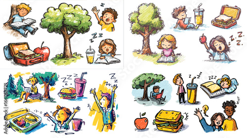Playful hand-drawn doodle illustration of kids enjoying picnic lunch outdoors with sandwiches, juice, and fruit. Fun and colorful concept for education, lifestyle, or healthy eating design.
