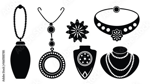 Vector art of a collection of elegant jewelry pieces, including necklaces, earrings, and rings, presented in a black and white silhouette style.