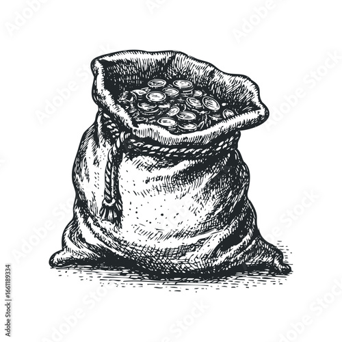Full burlap money bag overflowing with antique coins, isolated on white background, hand-drawn etching style