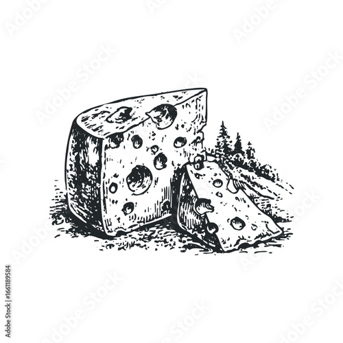 Line art depiction of Swiss cheese wedges with holes on a textured surface
