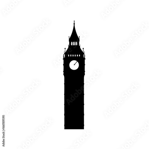A black silhouette of the iconic Big Ben Clock Tower on white background