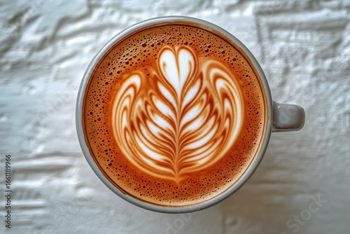 Delightful Latte Art Showcasing Intricate Design in Coffee Cup on Textured Su...