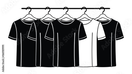 Vector art of five t-shirts, four black and one white, hanging on a clothes rack.