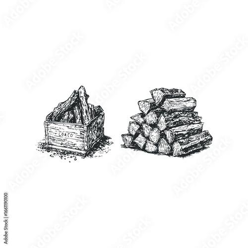 Stacked firewood and wooden crate filled with kindling