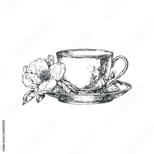 Hand drawn sketch of teacup with saucer and delicate flowers